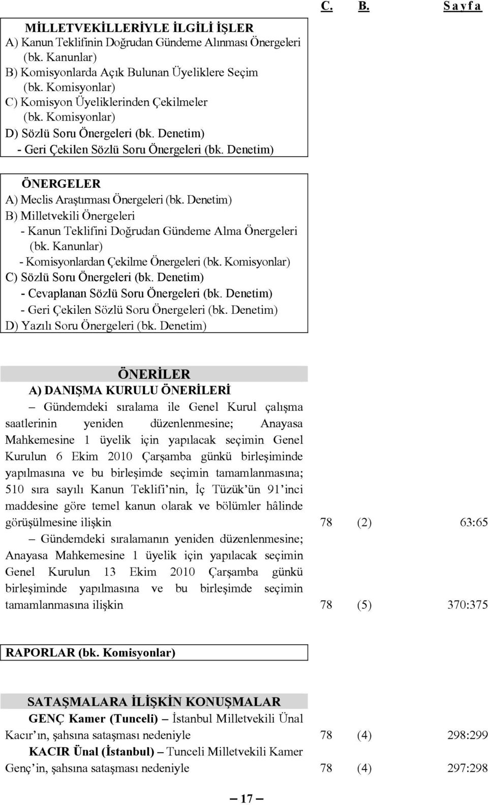 Sayfa ÖNERGELER A) Meclis Araştırması Önergeleri (bk. Denetim) B) Milletvekili Önergeleri - Kanun Teklifini Doğrudan Gündeme Alma Önergeleri (bk. Kanunlar) - Komisyonlardan Çekilme Önergeleri (bk.