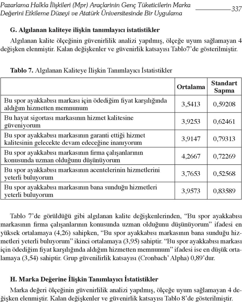 Kalan değişkenler ve güvenirlik katsayısı Tablo7 de gösterilmiştir. Tablo 7.