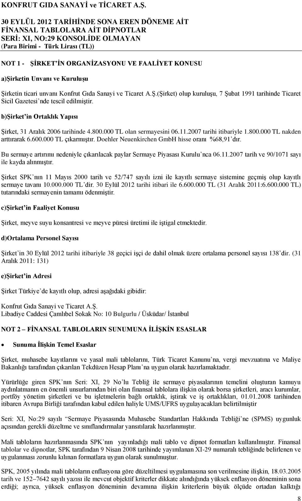 Doehler Neuenkirchen GmbH hisse oranı %68,91 dır. Bu sermaye artırımı nedeniyle çıkarılacak paylar Sermaye Piyasası Kurulu nca 06.11.2007 tarih ve 90/1071 sayı ile kayda alınmıştır.