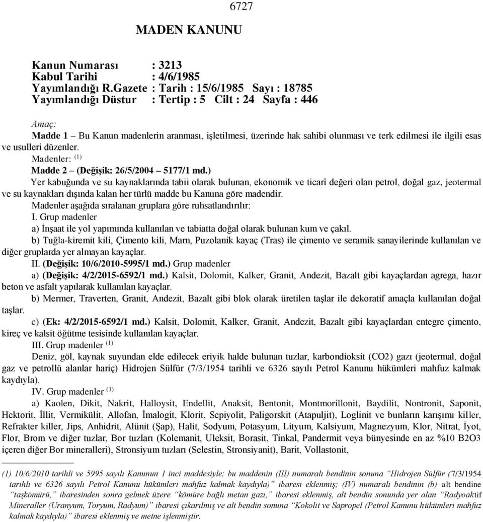 ile ilgili esas ve usulleri düzenler. Madenler: (1) Madde 2 (Değişik: 26/5/2004 5177/1 md.