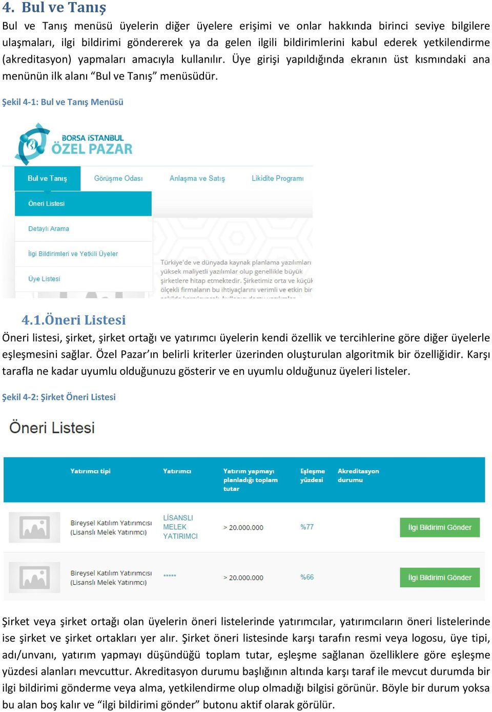 Bul ve Tanış Menüsü 4.1. Öneri Listesi Öneri listesi, şirket, şirket ortağı ve yatırımcı üyelerin kendi özellik ve tercihlerine göre diğer üyelerle eşleşmesini sağlar.