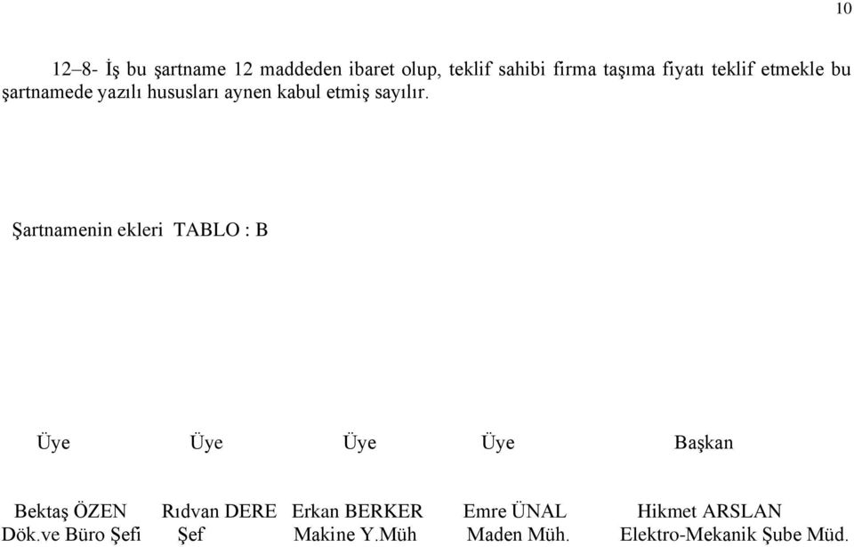 Şartnamenin ekleri TABLO : B Üye Üye Üye Üye Başkan Bektaş ÖZEN Rıdvan DERE Erkan