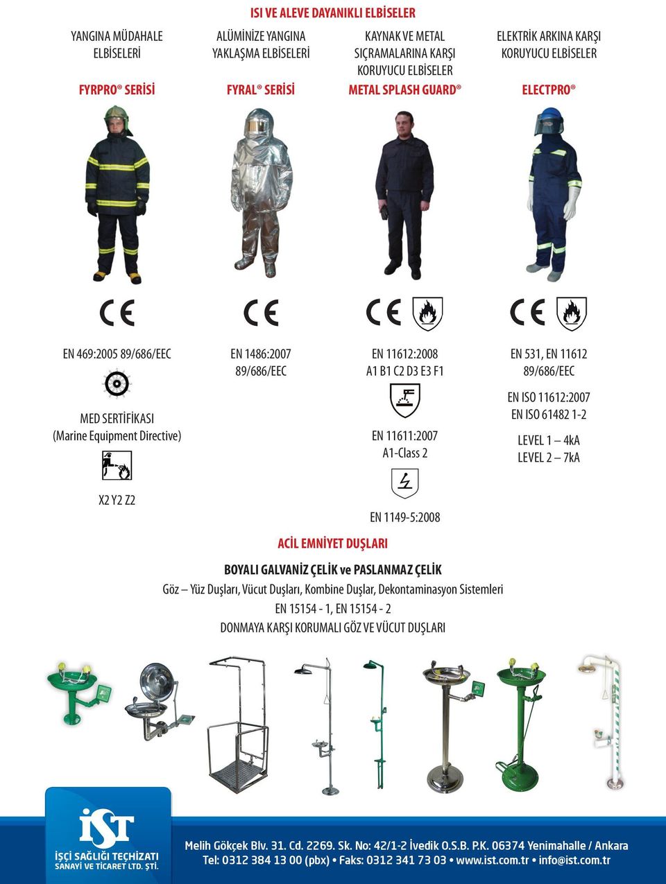 Directive) EN 11611:2007 A1-Class 2 EN ISO 11612:2007 EN ISO 61482 1-2 LEVEL 1 4kA LEVEL 2 7kA X2 Y2 Z2 ACİL EMNİYET DUŞLARI EN 1149-5:2008 BOYALI GALVANİZ ÇELİK ve PASLANMAZ ÇELİK Göz Yüz Duşları,