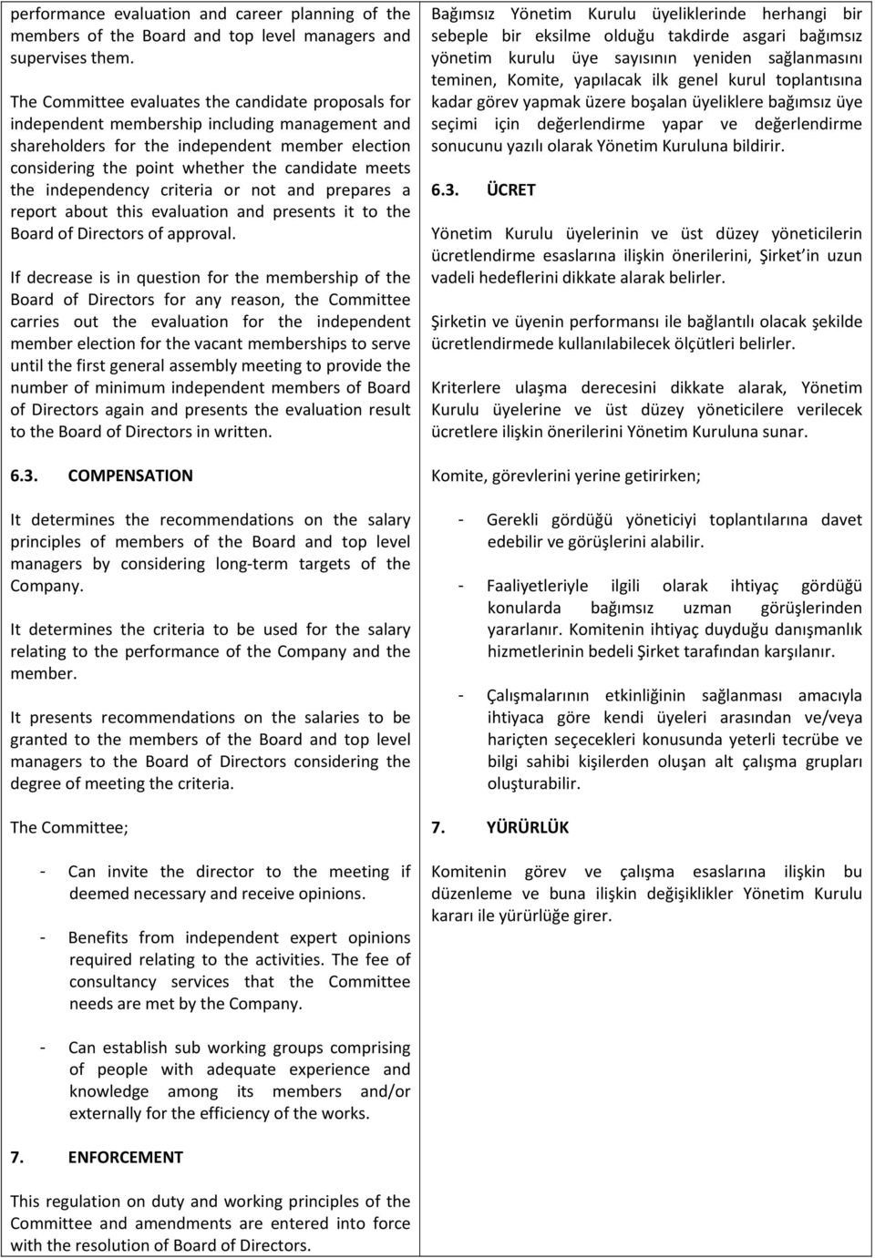 the independency criteria or not and prepares a report about this evaluation and presents it to the Board of Directors of approval.