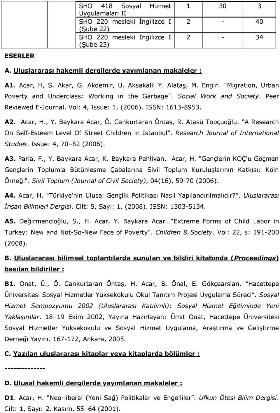 Vol: 4, Issue: 1, (2006). ISSN: 1613-8953. A2. Acar, H., Y. Baykara Acar, Ö. Cankurtaran Öntaş, R. Atasü Topçuoğlu. A Research On Self-Esteem Level Of Street Children in Istanbul.