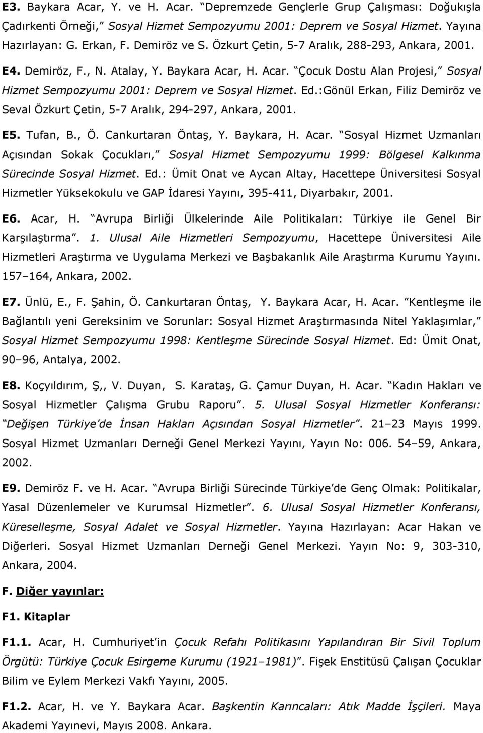 :Gönül Erkan, Filiz Demiröz ve Seval Özkurt Çetin, 5-7 Aralık, 294-297, Ankara, 2001. E5. Tufan, B., Ö. Cankurtaran Öntaş, Y. Baykara, H. Acar.