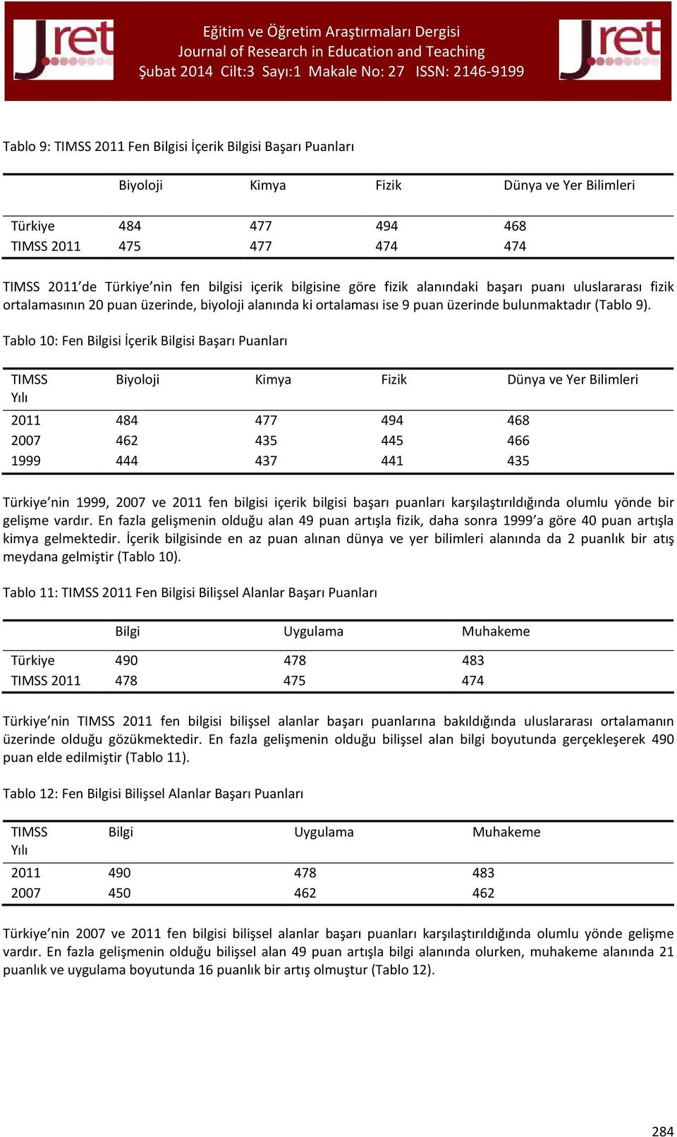 Tablo 10: Fen Bilgisi İçerik Bilgisi Puanları TIMSS Yılı Biyoloji Kimya Fizik Dünya ve Yer Bilimleri 2011 484 477 494 468 2007 462 435 445 466 1999 444 437 441 435 Türkiye nin 1999, 2007 ve 2011 fen