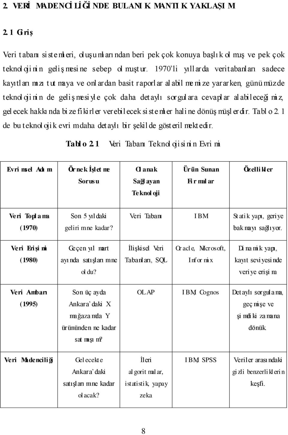 1970 li yıllarda veritabanları sadece kayıtları mı zı t ut maya ve onl ardan basit raporlar al abil me mi ze yararken, günü müzde teknol oji ni n de geliģ mesi yle çok daha det aylı sorgul ara cevapl