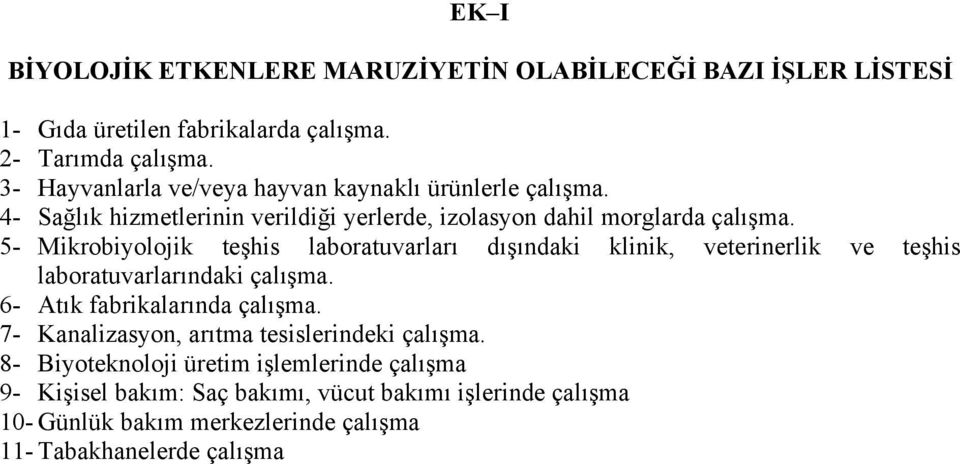 5- Mikrobiyolojik teşhis laboratuvarları dışındaki klinik, veterinerlik ve teşhis laboratuvarlarındaki çalışma. 6- Atık fabrikalarında çalışma.