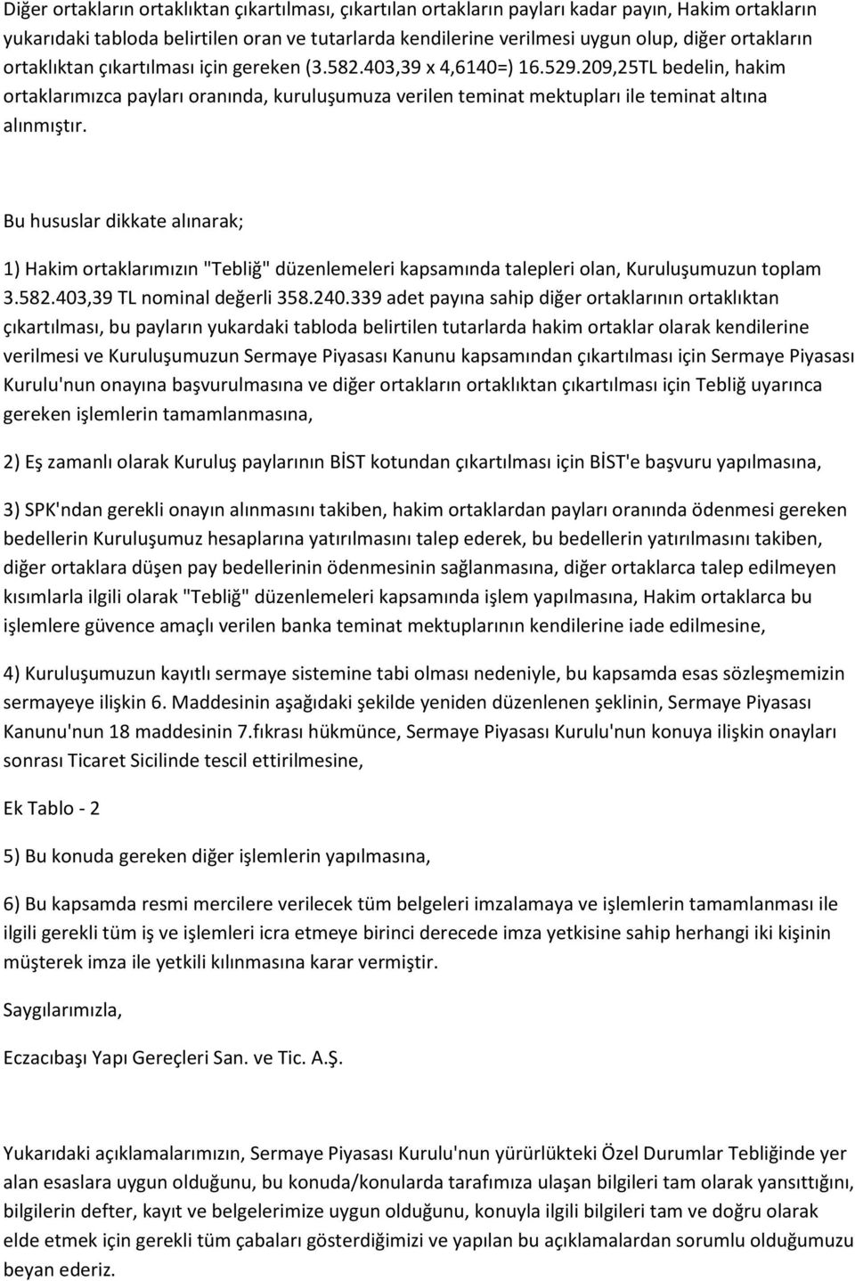 209,25TL bedelin, hakim ortaklarımızca payları oranında, kuruluşumuza verilen teminat mektupları ile teminat altına alınmıştır.