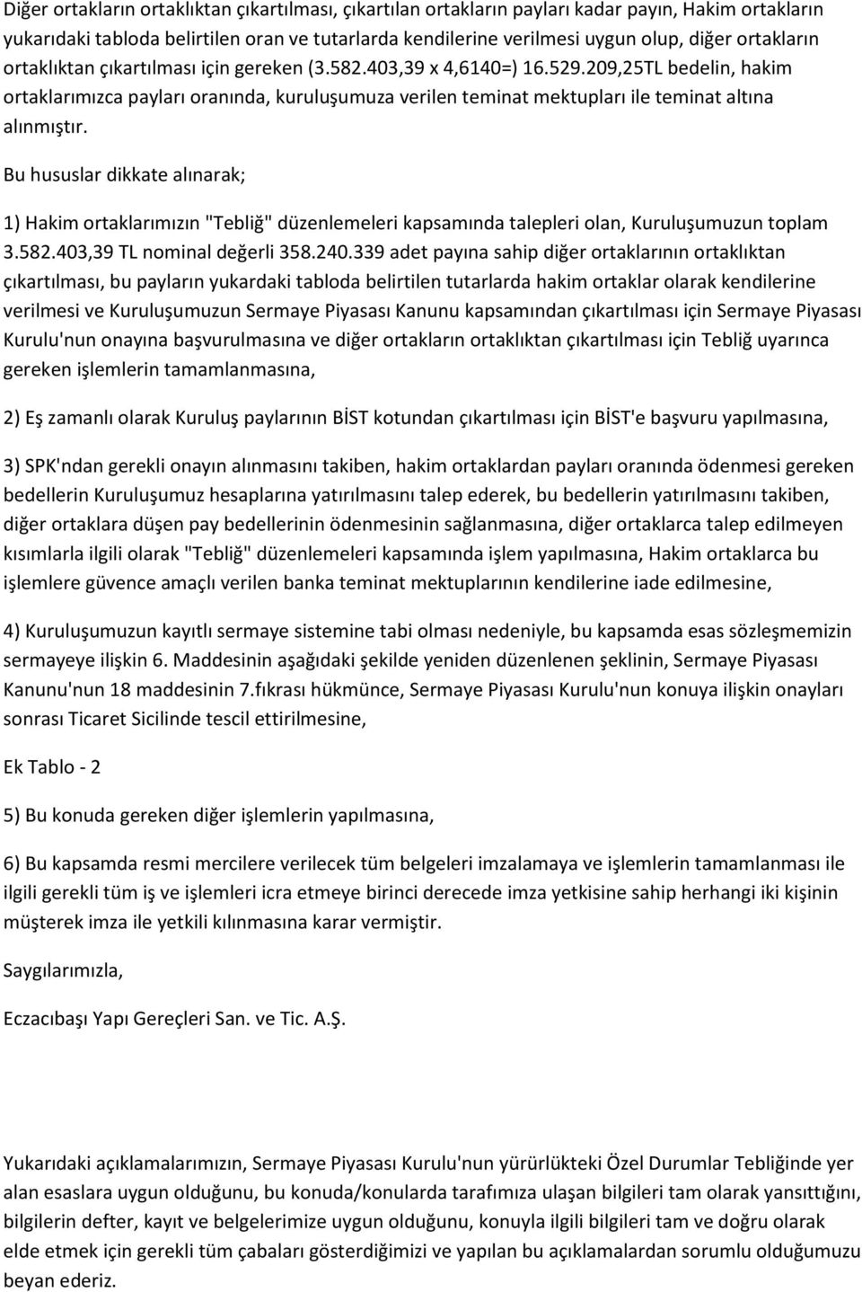 209,25TL bedelin, hakim ortaklarımızca payları oranında, kuruluşumuza verilen teminat mektupları ile teminat altına alınmıştır.