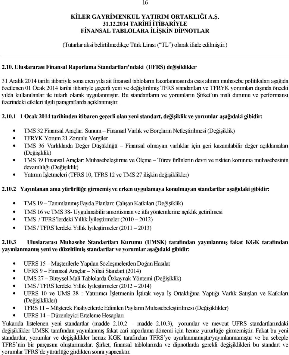 aşağıda özetlenen 01 Ocak 2014 tarihi itibariyle geçerli yeni ve değiştirilmiş TFRS standartları ve TFRYK yorumları dışında önceki yılda kullanılanlar ile tutarlı olarak uygulanmıştır.