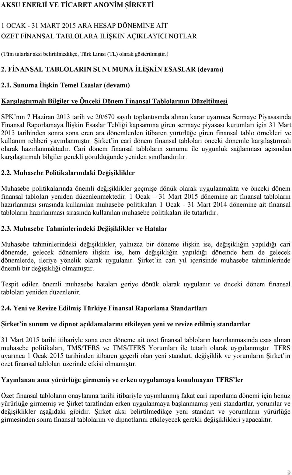 Sermaye Piyasasında Finansal Raporlamaya İlişkin Esaslar Tebliği kapsamına giren sermaye piyasası kurumları için 31 Mart 2013 tarihinden sonra sona eren ara dönemlerden itibaren yürürlüğe giren