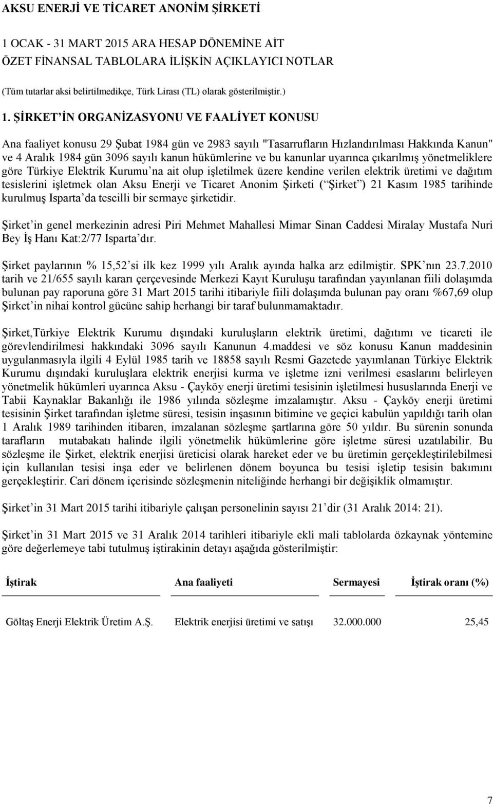 Anonim Şirketi ( Şirket ) 21 Kasım 1985 tarihinde kurulmuş Isparta da tescilli bir sermaye şirketidir.