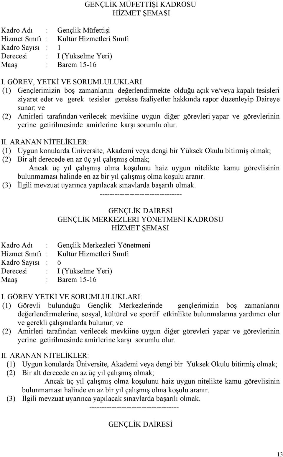 Üniversite, Akademi veya dengi bir Yüksek Okulu bitirmiş olmak; (2) Bir alt derecede en az üç yıl çalışmış olmak; Ancak üç yıl çalışmış olma koşulunu haiz uygun nitelikte kamu görevlisinin