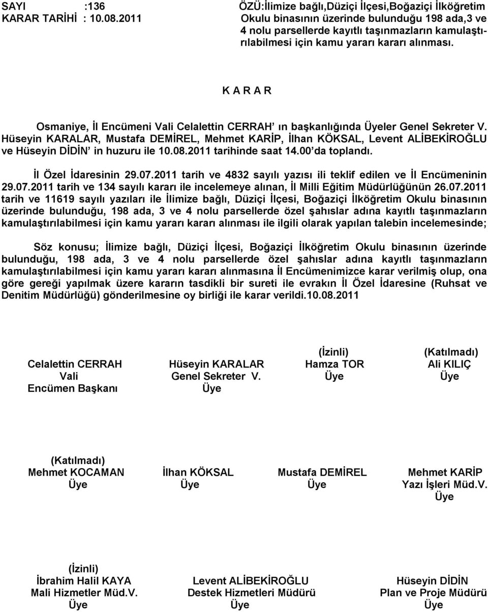 Osmaniye, İl Encümeni Vali Celalettin CERRAH ın başkanlığında ler Genel Sekreter V. Hüseyin KARALAR, Mustafa DEMİREL, Mehmet KARİP, İlhan KÖKSAL, Levent ALİBEKİROĞLU ve Hüseyin DİDİN in huzuru ile 10.