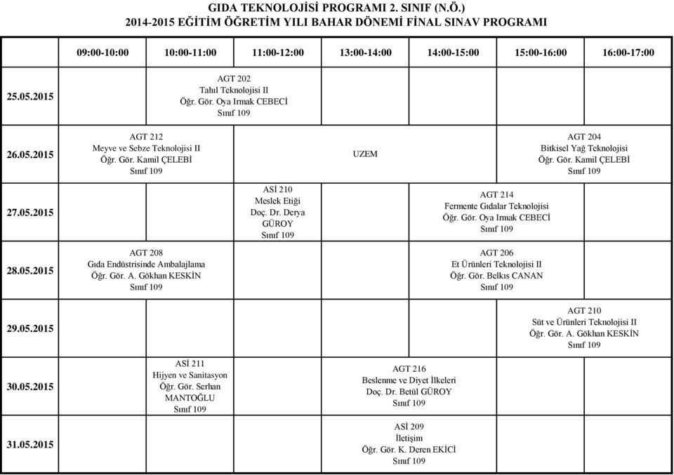 Derya AGT 214 Fermente Gıdalar Teknolojisi Öğr. Gör. Oya Irmak CEBECĠ AGT 208 Gıda Endüstrisinde Ambalajlama Öğr. Gör. A. Gökhan KESKĠN AGT 206 Et Ürünleri Teknolojisi II Öğr. Gör. Belkıs CANAN AGT 210 Süt ve Ürünleri Teknolojisi II Öğr.