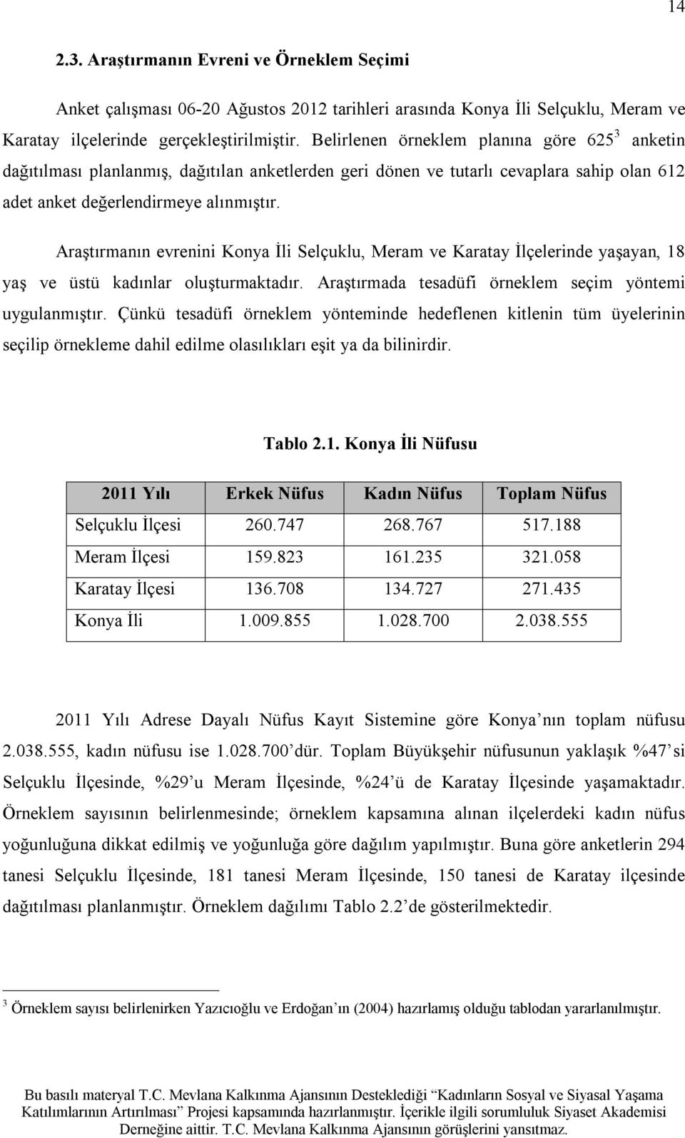 Araştırmanın evrenini Konya İli Selçuklu, Meram ve Karatay İlçelerinde yaşayan, 18 yaş ve üstü kadınlar oluşturmaktadır. Araştırmada tesadüfi örneklem seçim yöntemi uygulanmıştır.