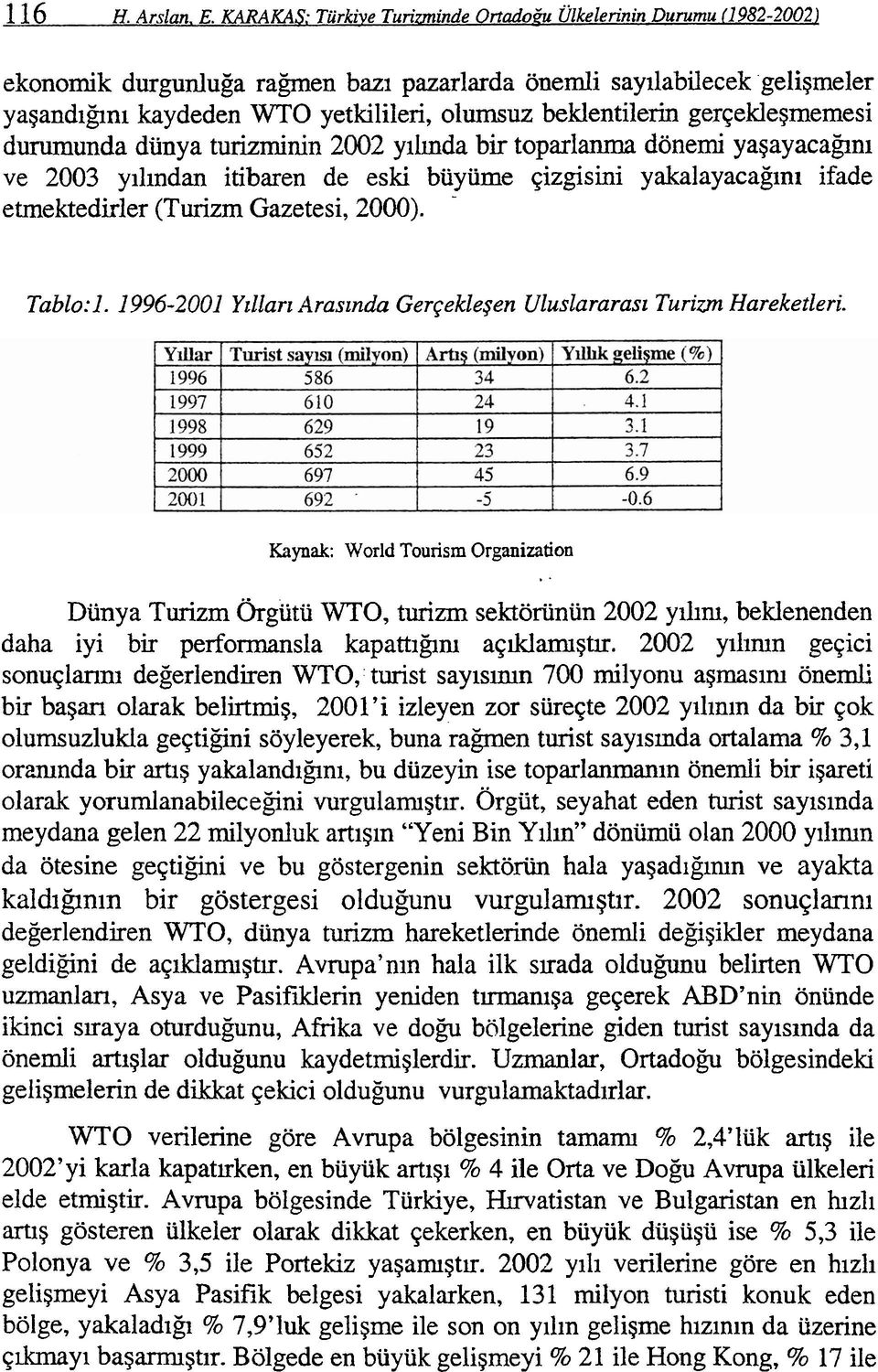 diinya turizminin 2002 yihda bir toparlanma donemi yagayaca@ni ve 2003 yilindan itibaren de eski buyiime ~izgisini yakalayacagini ifade etmektedirler (Turizm Gazetesi, 2000). - Tablo: I.