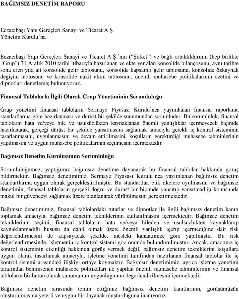 nin ( ġirket ) ve bağlı ortaklıklarının (hep birlikte Grup ) 31 Aralık 2010 tarihi itibarıyla hazırlanan ve ekte yer alan konsolide bilançosunu, aynı tarihte sona eren yıla ait konsolide gelir