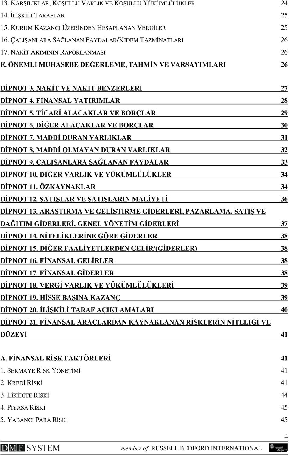 TİCARİ ALACAKLAR VE BORÇLAR 29 DİPNOT 6. DİĞER ALACAKLAR VE BORÇLAR 30 DİPNOT 7. MADDİ DURAN VARLIKLAR 31 DİPNOT 8. MADDİ OLMAYAN DURAN VARLIKLAR 32 DİPNOT 9.