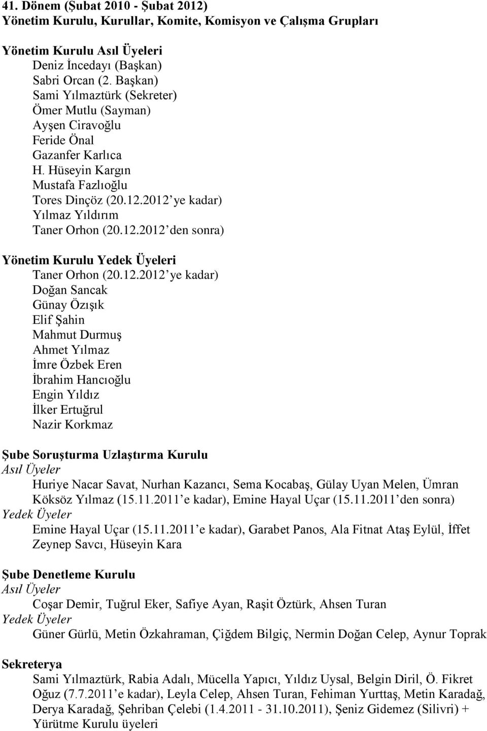 2012 ye kadar) Yılmaz Yıldırım Taner Orhon (20.12.2012 den sonra) Taner Orhon (20.12.2012 ye kadar) Doğan Sancak Günay Özışık Elif Şahin Mahmut Durmuş Ahmet Yılmaz İmre Özbek Eren İbrahim Hancıoğlu