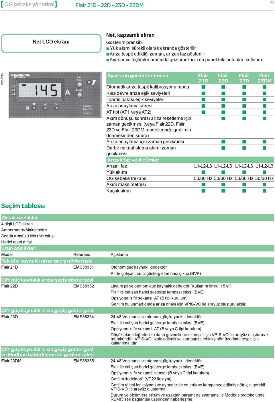 DE58715 Ayarların görüntülenmesi Flair 21D Flair 22D Flair 23D Flair 23DM Otomatik arıza tespit kalibrasyonu modu Kısa devre arıza eşik seviyeleri Toprak hatası eşik seviyeleri Arıza onaylama süresi