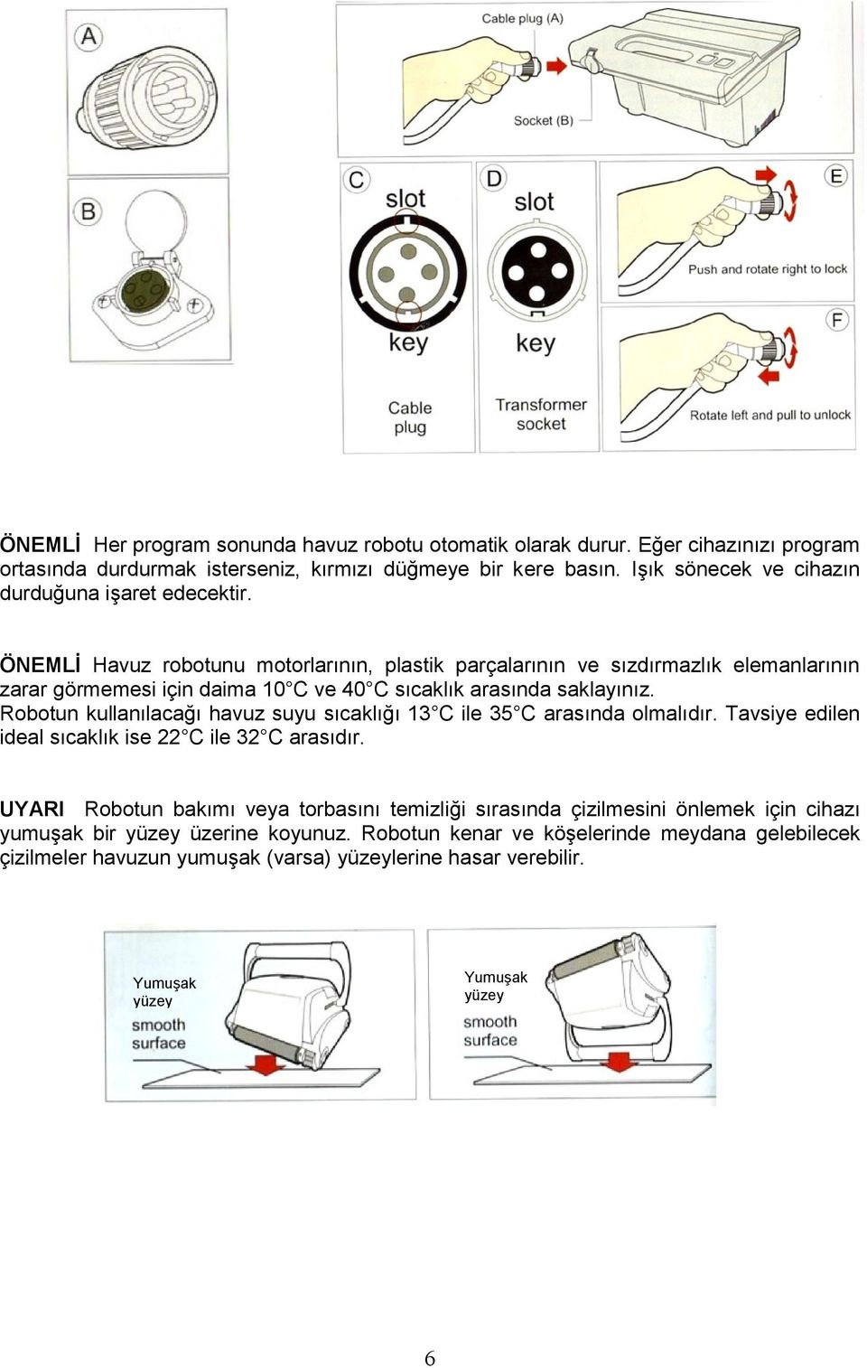 ÖNEMLĠ Havuz robotunu motorlarının, plastik parçalarının ve sızdırmazlık elemanlarının zarar görmemesi için daima 10 C ve 40 C sıcaklık arasında saklayınız.