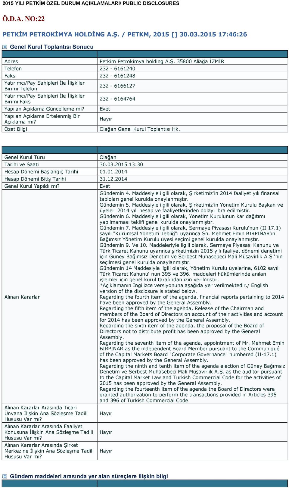 2014 Genel Kurul Yapıldı mı? Alınan Kararlar Alınan Kararlar Arasında Ticari Alınan Kararlar Arasında Faaliyet Alınan Kararlar Arasında Şirket Gündemin 4.