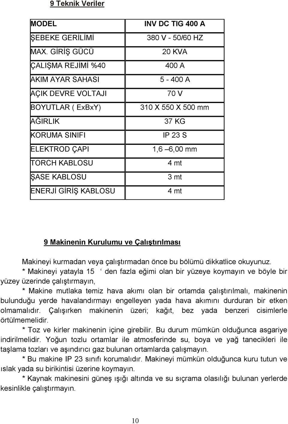 HZ 20 KVA 400 A 5-400 A 70 V 310 X 550 X 500 mm 37 KG IP 23 S 1,6 6,00 mm 4 mt 3 mt 4 mt 9 Makinenin Kurulumu ve Çalıştırılması Makineyi kurmadan veya çalıştırmadan önce bu bölümü dikkatlice okuyunuz.