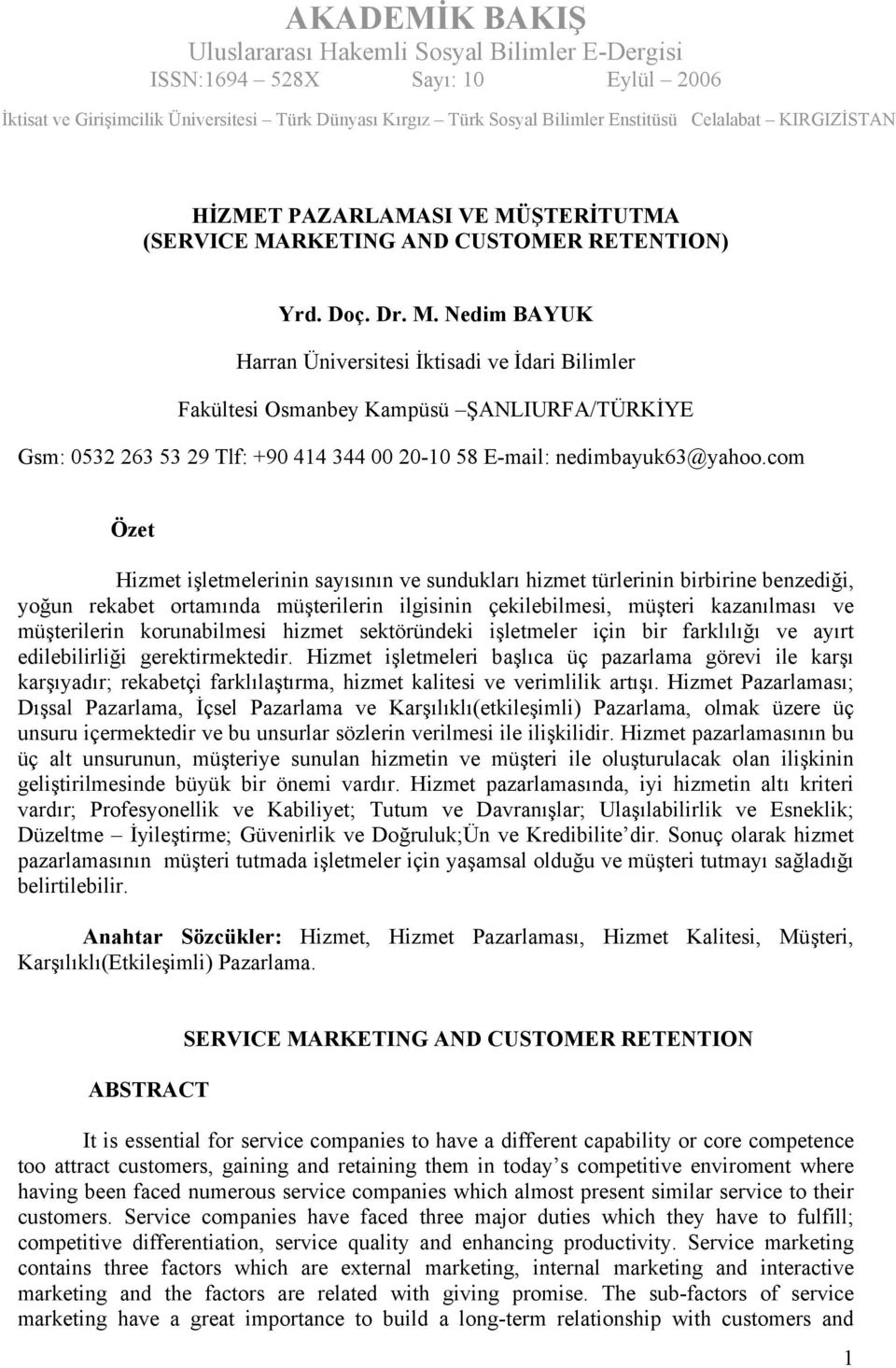 RKETING AND CUSTOMER RETENTION) Yrd. Doç. Dr. M.