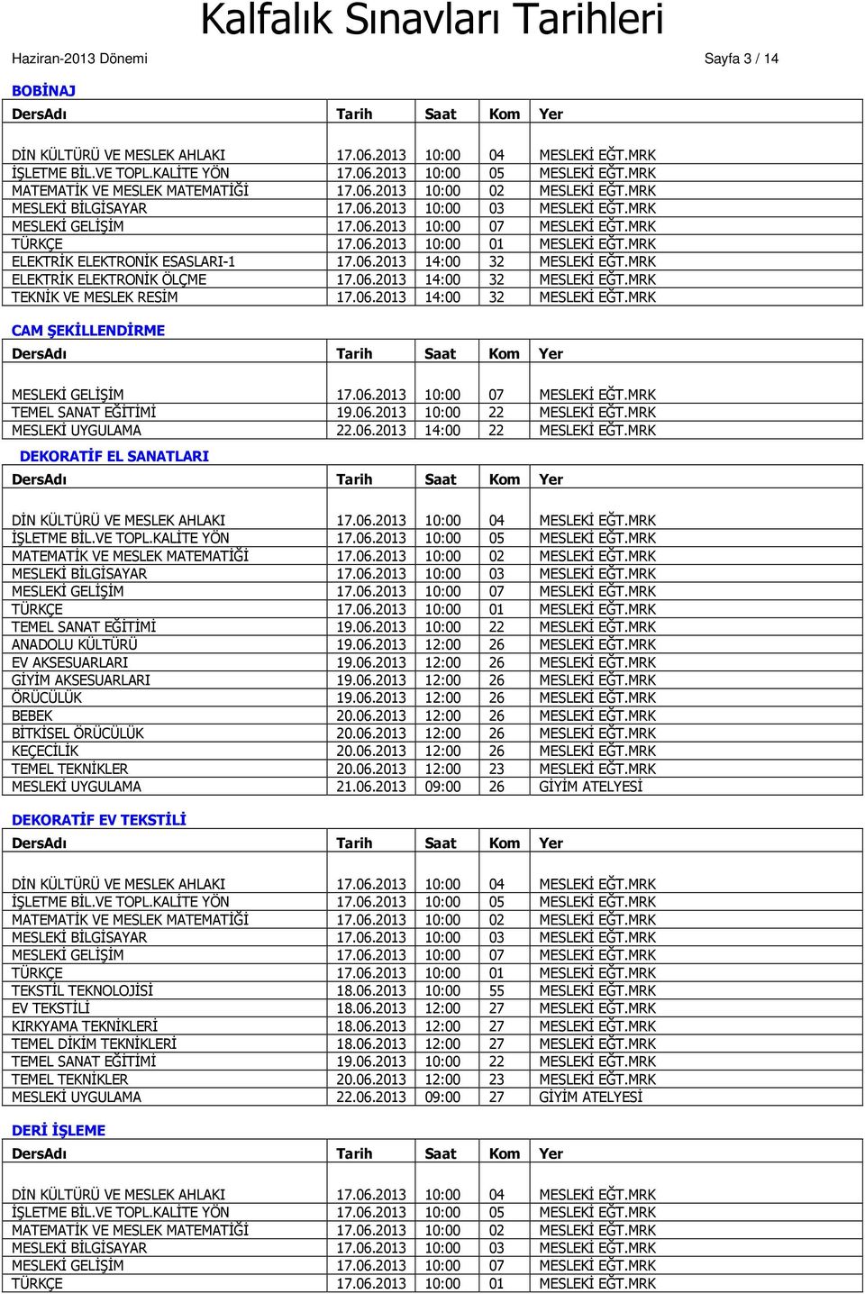 MRK EV AKSESUARLARI 19.06.2013 12:00 26 MESLEKİ EĞT.MRK GİYİM AKSESUARLARI 19.06.2013 12:00 26 MESLEKİ EĞT.MRK ÖRÜCÜLÜK 19.06.2013 12:00 26 MESLEKİ EĞT.MRK BEBEK 20.06.2013 12:00 26 MESLEKİ EĞT.MRK BİTKİSEL ÖRÜCÜLÜK 20.