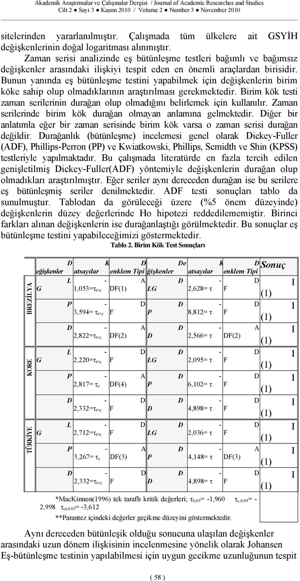 Bunun yanında eş bütünleşme testini yapabilmek için değişkenlerin birim köke sahip olup olmadıklarının araştırılması gerekmektedir.