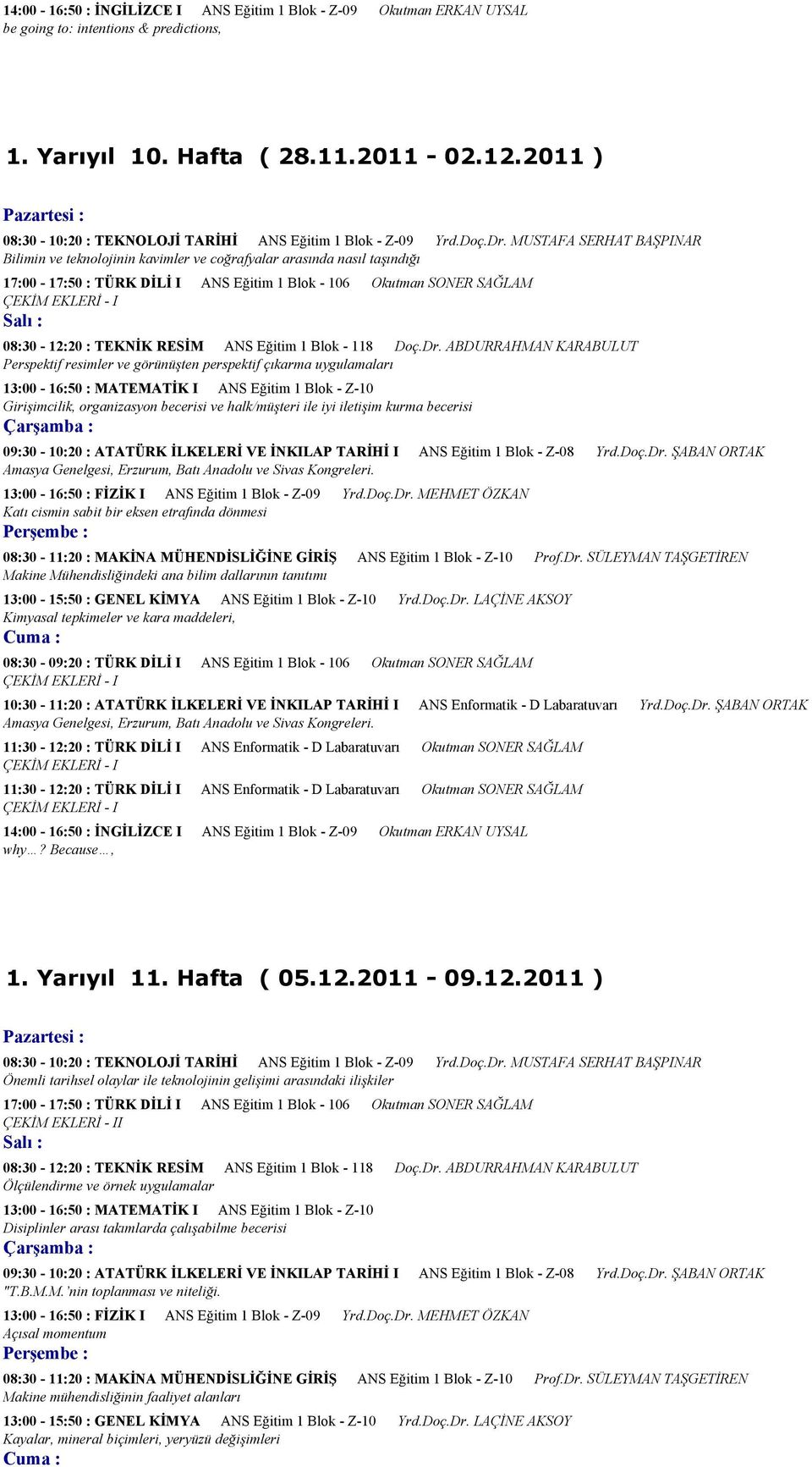 MUSTAFA SERHAT BAŞPINAR Bilimin ve teknolojinin kavimler ve coğrafyalar arasında nasıl taşındığı 17:00-17:50 : TÜRK DİLİ I ANS Eğitim 1 Blok - 106 Okutman SONER SAĞLAM ÇEKİM EKLERİ - I 08:30-12:20 :