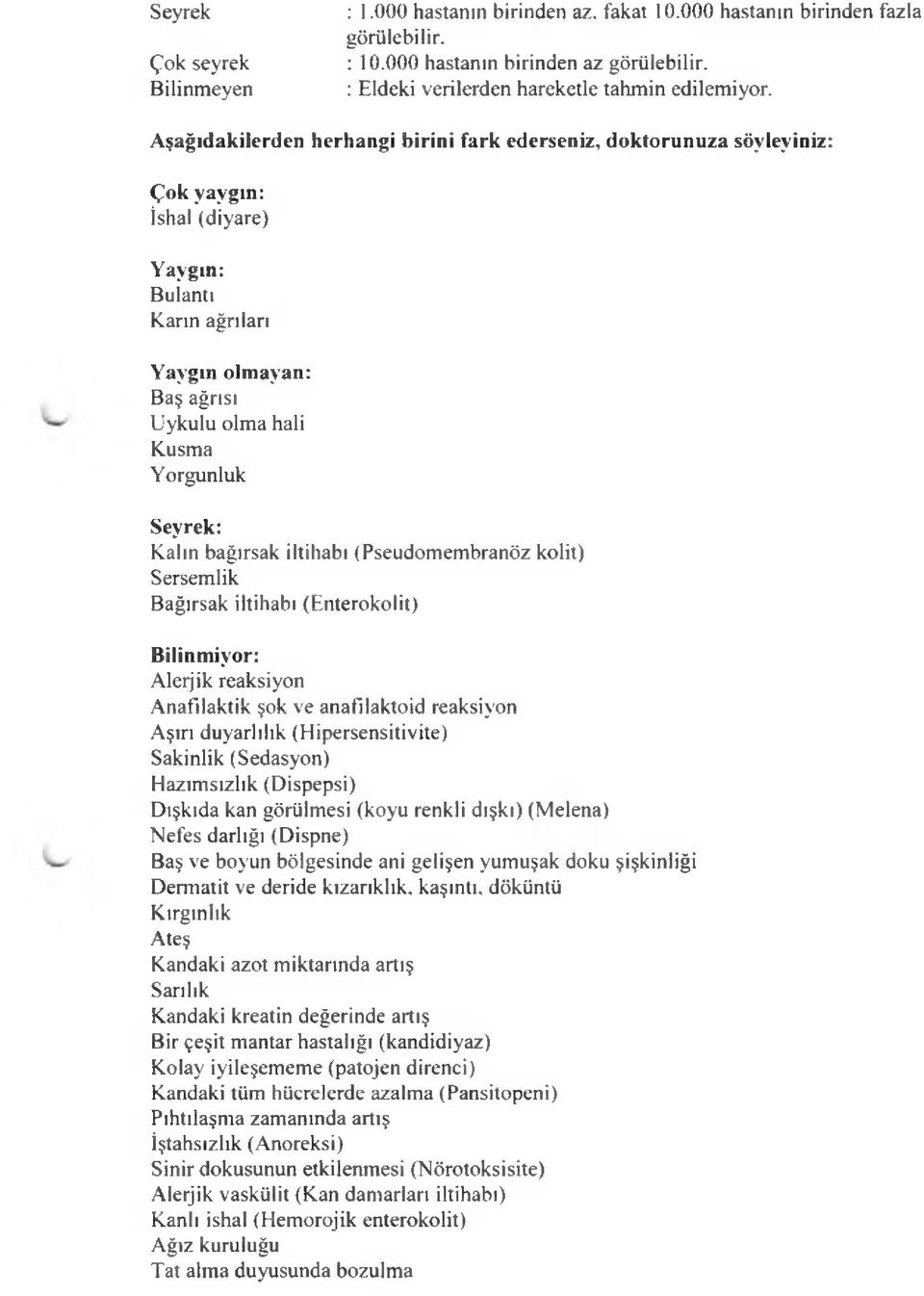 Kalın bağırsak iltihabı (Pseudomembranöz kolit) Sersemlik Bağırsak iltihabı (Enterokolit) Bilinmiyor: Alerjik reaksiyon Anafilaktik şok ve anafilaktoid reaksiyon Aşırı duyarlılık (Hipersensitivite)