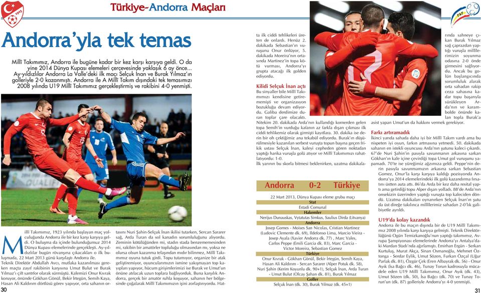 Andorra ile A Millî Takım dışındaki tek temasımızı 2008 yılında U19 Millî Takımımız gerçekleştirmiş ve rakibini 4-0 yenmişti. ta ilk ciddi tehlikeleri üreten de onlard. Henüz 2.