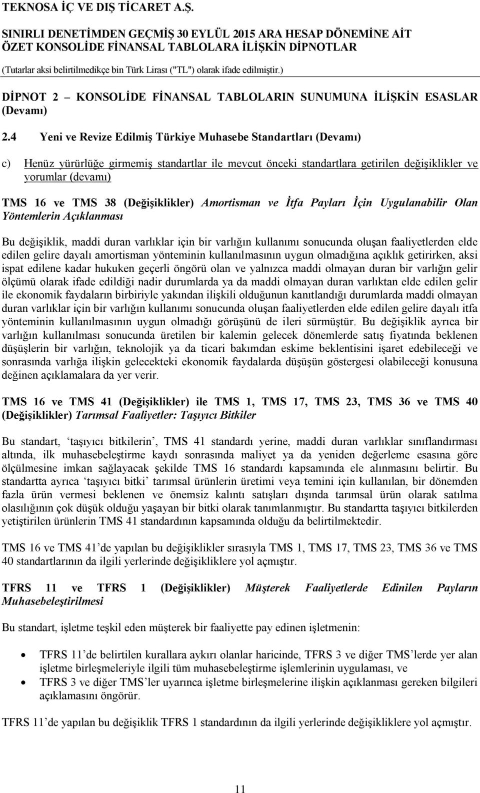 (Değişiklikler) Amortisman ve İtfa Payları İçin Uygulanabilir Olan Yöntemlerin Açıklanması Bu değişiklik, maddi duran varlıklar için bir varlığın kullanımı sonucunda oluşan faaliyetlerden elde edilen