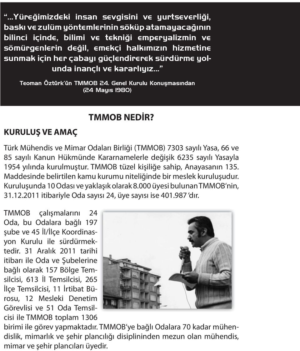 Türk Mühendis ve Mimar Odaları Birliği (TMMOB) 7303 sayılı Yasa, 66 ve 85 sayılı Kanun Hükmünde Kararnamelerle değişik 6235 sayılı Yasayla 1954 yılında kurulmuştur.