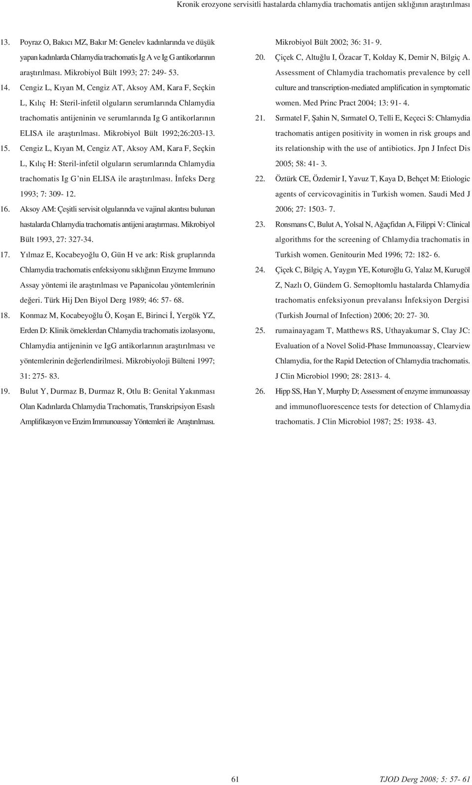 Cengiz L, K yan M, Cengiz AT, Aksoy AM, Kara F, Seçkin L, K l ç H: Steril-infetil olgular n serumlar nda Chlamydia trachomatis antijeninin ve serumlar nda Ig G antikorlar n n ELISA ile araflt r lmas.