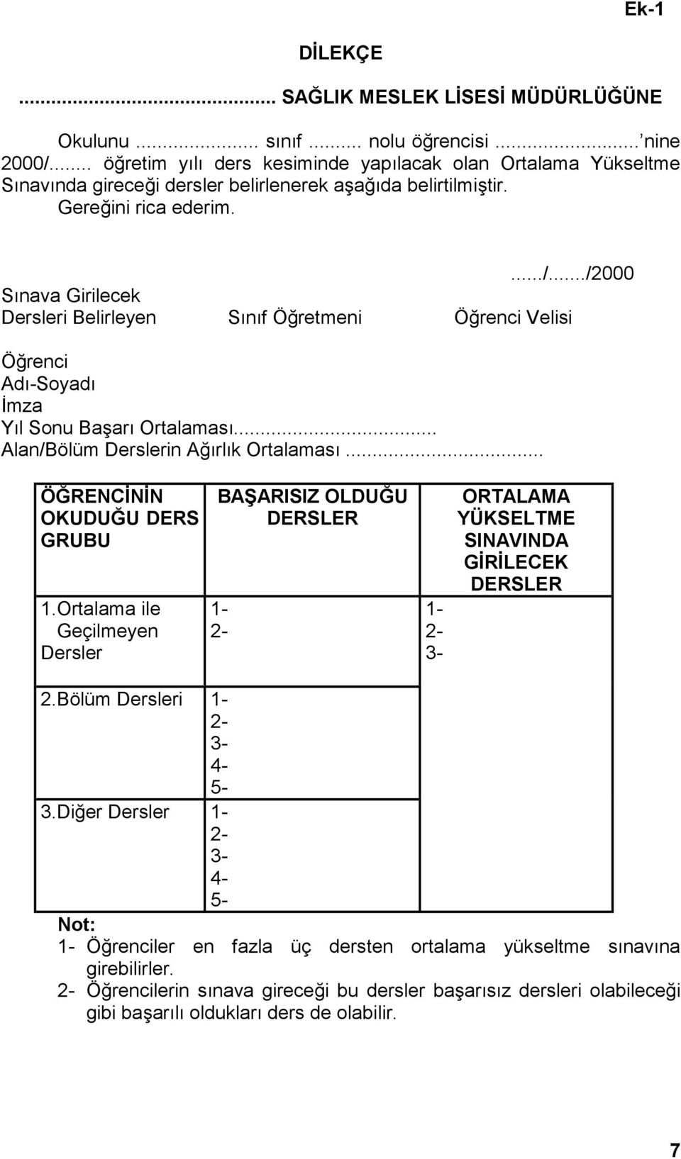 ../2000 Sınava Girilecek Dersleri Belirleyen Sınıf Öğretmeni Öğrenci Velisi Öğrenci Adı-Soyadı İmza Yıl Sonu Başarı Ortalaması... Alan/Bölüm Derslerin Ağırlık Ortalaması.