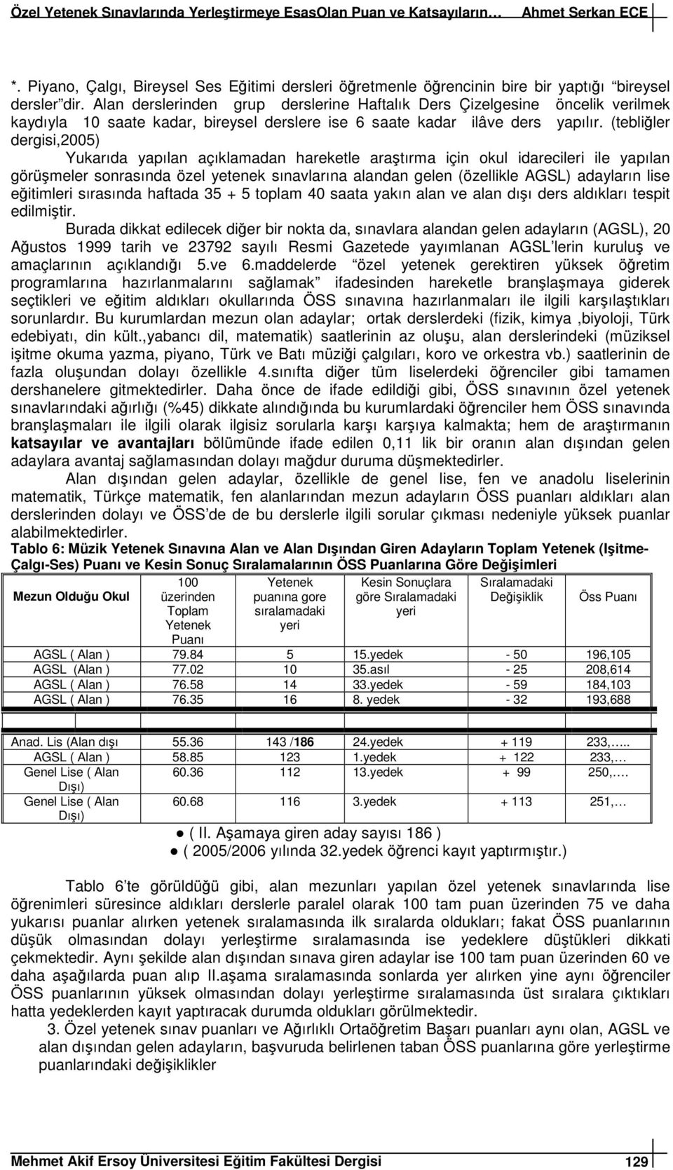 (tebliğler dergisi,2005) Yukarıda yapılan açıklamadan hareketle araştırma için okul idarecileri ile yapılan görüşmeler sonrasında özel yetenek sınavlarına alandan gelen (özellikle AGSL) adayların