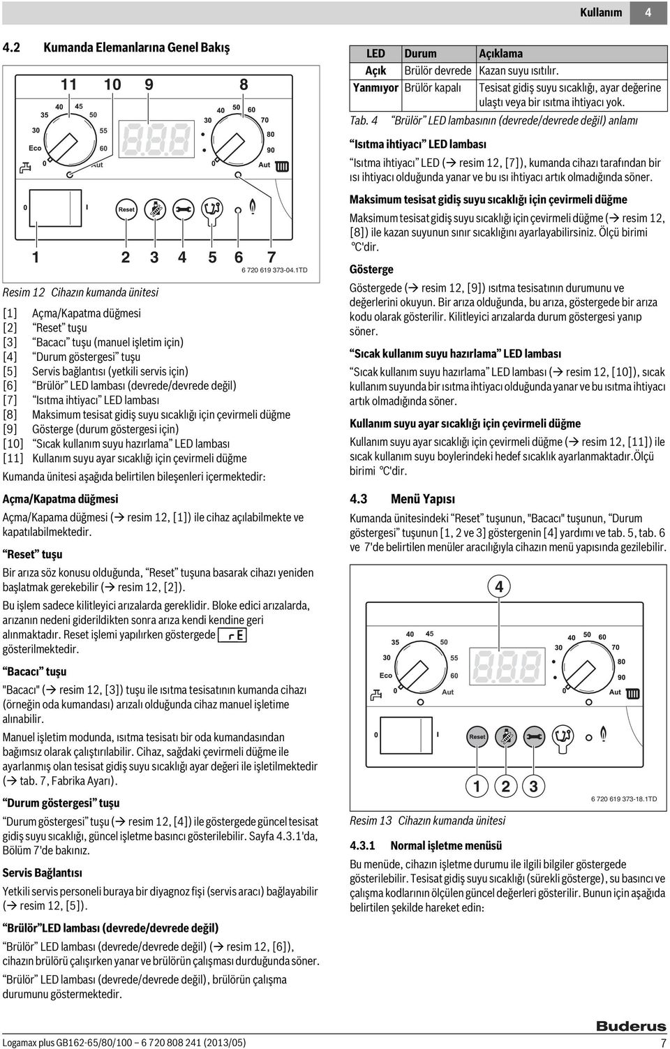 4 Brülör LED lambasının (devrede/devrede değil) anlamı Isıtma ihtiyacı LED lambası Isıtma ihtiyacı LED ( resim 12, [7]), kumanda cihazı tarafından bir ısı ihtiyacı olduğunda yanar ve bu ısı ihtiyacı