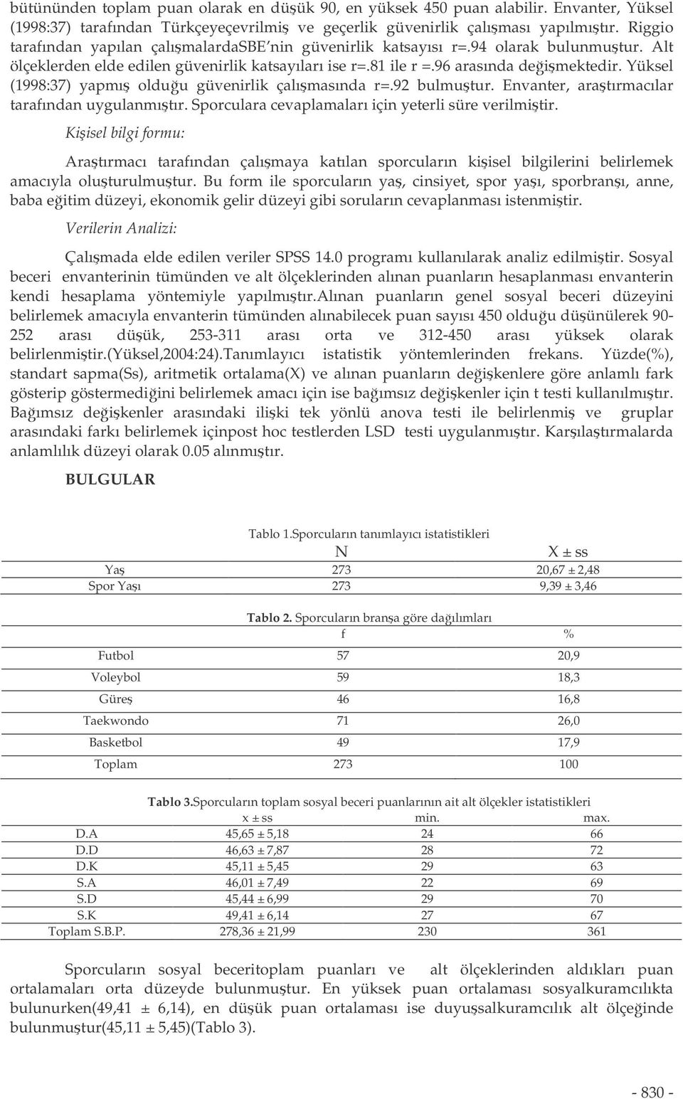 Yüksel (1998:37) yapmı olduu güvenirlik çalımasında r=.92 bulmutur. Envanter, aratırmacılar tarafından uygulanmıtır. Sporculara cevaplamaları için yeterli süre verilmitir.