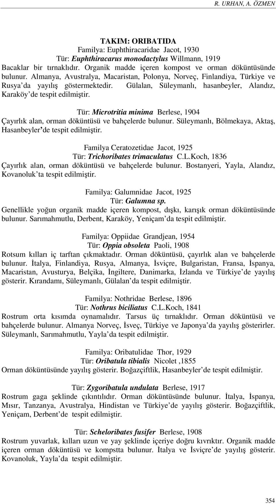 Gülalan, Süleymanlı, hasanbeyler, Alandız, Karaköy de tespit edilmiştir. Tür: Microtritia minima Berlese, 1904 Çayırlık alan, orman döküntüsü ve bahçelerde bulunur.