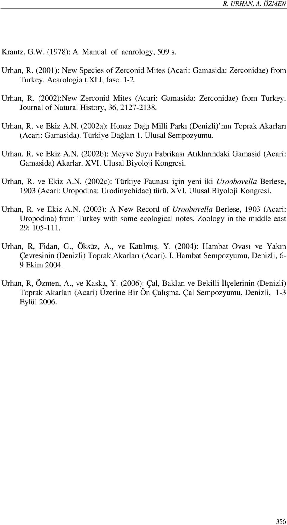 XVI. Ulusal Biyoloji Kongresi. Urhan, R. ve Ekiz A.N. (2002c): Türkiye Faunası için yeni iki Uroobovella Berlese, 1903 (Acari: Uropodina: Urodinychidae) türü. XVI. Ulusal Biyoloji Kongresi. Urhan, R. ve Ekiz A.N. (2003): A New Record of Uroobovella Berlese, 1903 (Acari: Uropodina) from Turkey with some ecological notes.