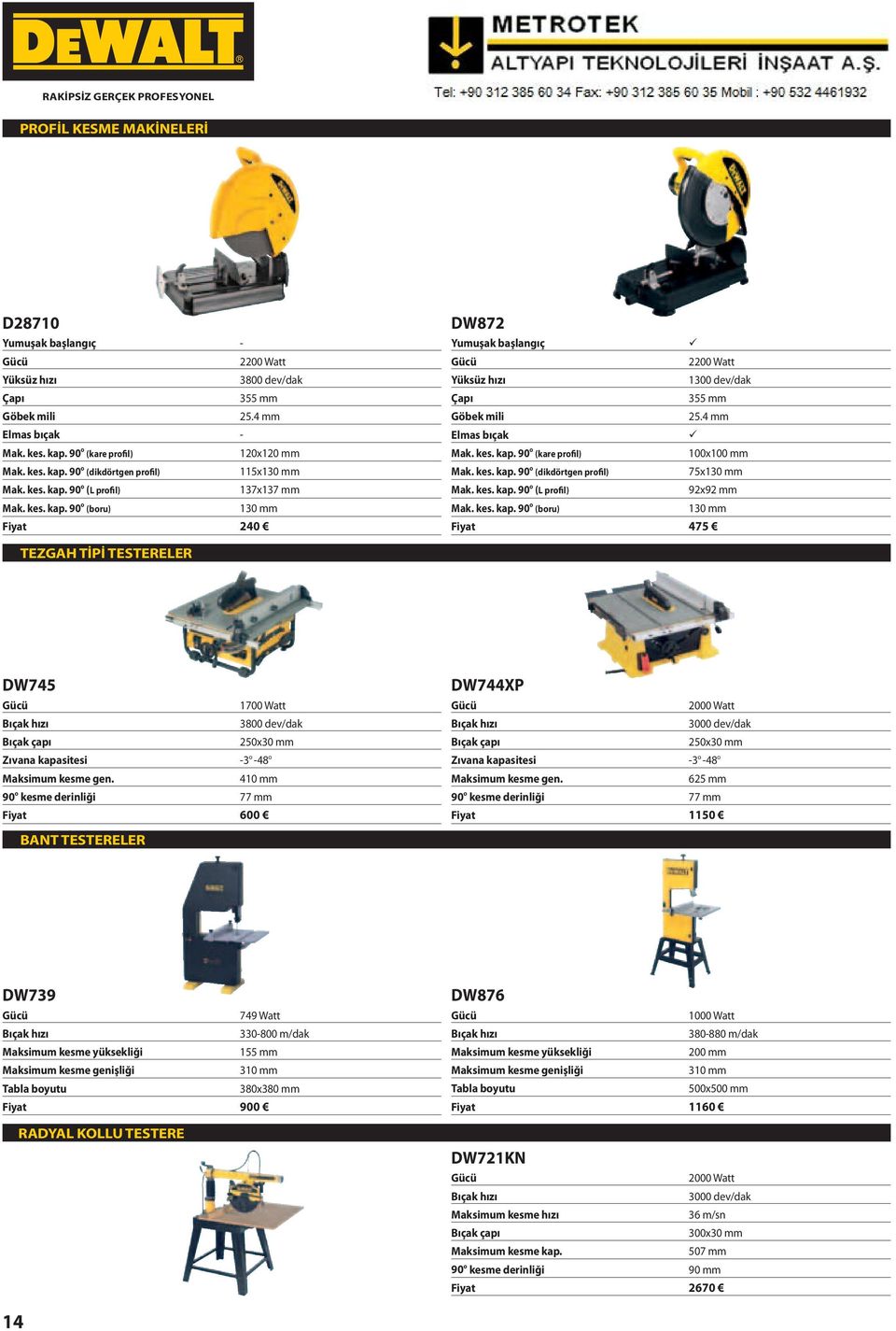 kes. kap. 90 o (dikdörtgen profil) 75x130 mm Mak. kes. kap. 90 o (L profil) 92x92 mm Mak. kes. kap. 90 o (boru) 130 mm Fiyat 475 TEZGAH TİPİ TESTERELER DW745 1700 Watt Bıçak hızı 3800 dev/dak Bıçak çapı 250x30 mm Zıvana kapasitesi -3 o -48 o Maksimum kesme gen.