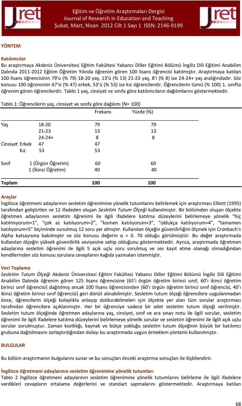 Söz konusu 100 öğrencinin 47 si (% 47) erkek, 53 ü (% 53) ise kız öğrencilerdir. Öğrencilerin tümü (% 100) 1. sınıfta öğrenim gören öğrencilerdir.