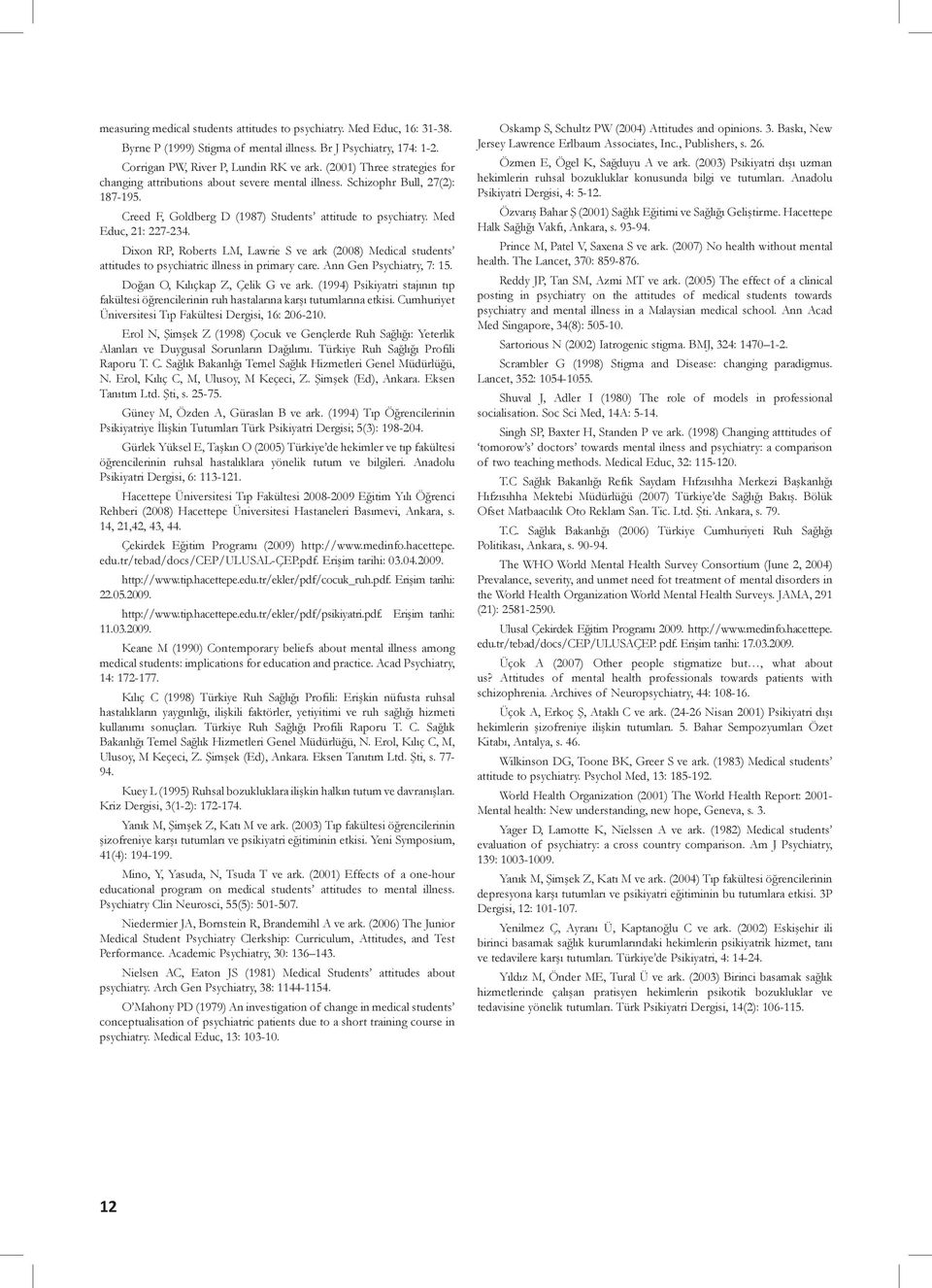 Dixon RP, Roberts LM, Lawrie S ve ark (2008) Medical students attitudes to psychiatric illness in primary care. Ann Gen Psychiatry, 7: 15. Doğan O, Kılıçkap Z, Çelik G ve ark.