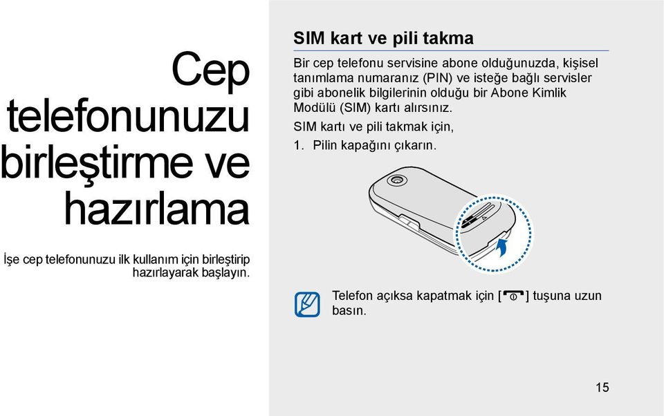 bir Abone Kimlik Modülü (SIM) kartı alırsınız. SIM kartı ve pili takmak için, 1. Pilin kapağını çıkarın.