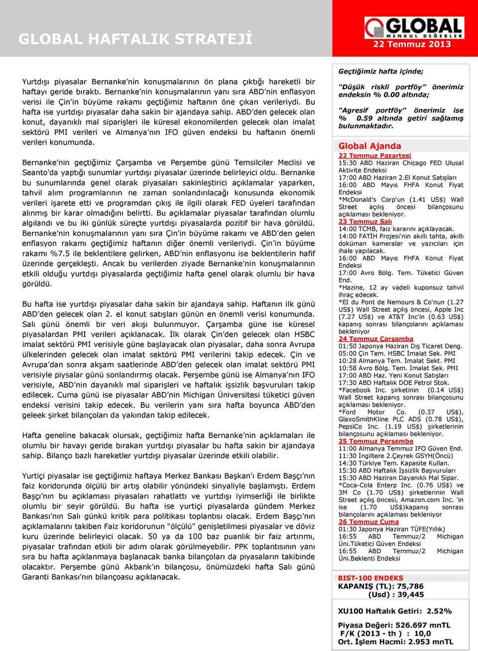 ABD den gelecek olan konut, dayanıklı mal siparişleri ile küresel ekonomilerden gelecek olan imalat sektörü PMI verileri ve Almanya nın IFO güven endeksi bu haftanın önemli verileri konumunda.